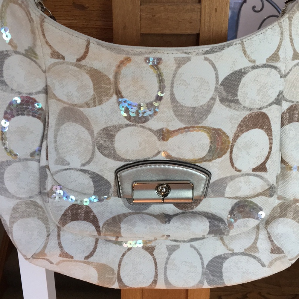 Coach White Cream Sequin Logo Shoulder Bag